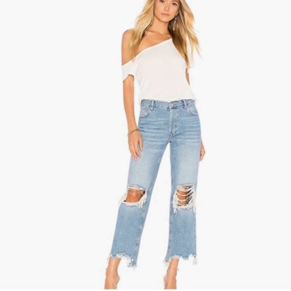 We The Free Denim - Free People Maggie Mid Rise Light Stone Washed Blue Jeans Sz 27 Raw Hem